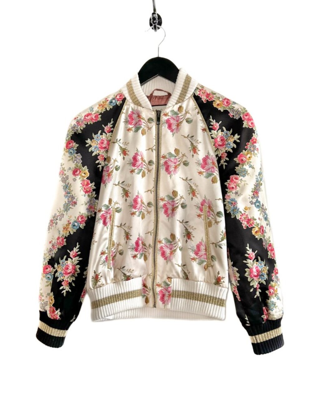 Gucci Floral Satin Guccification Sequined Silk Bomber Jacket